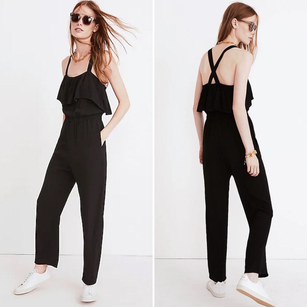Madewell Apron Ruffle Jumpsuit Black‎ Size Small Sleeveless Crepe Linen Blend